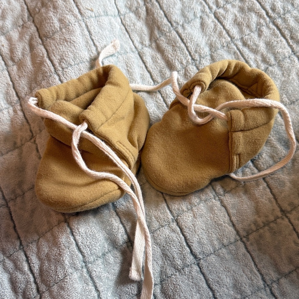 Quincy Mae Mustard Tan Baby Moccasin Booties with White Ties